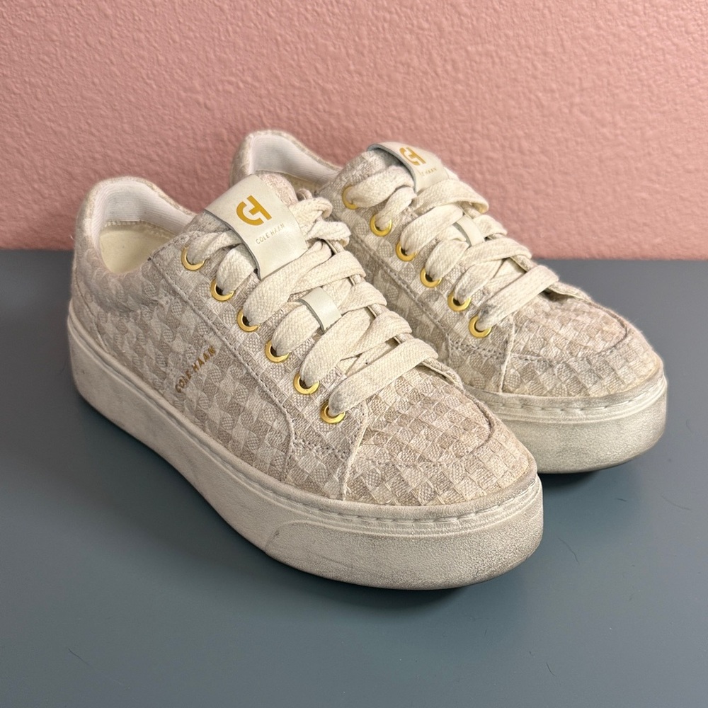 Cole Haan Quilted Cream Platform Sneakers with Gold Eyelets